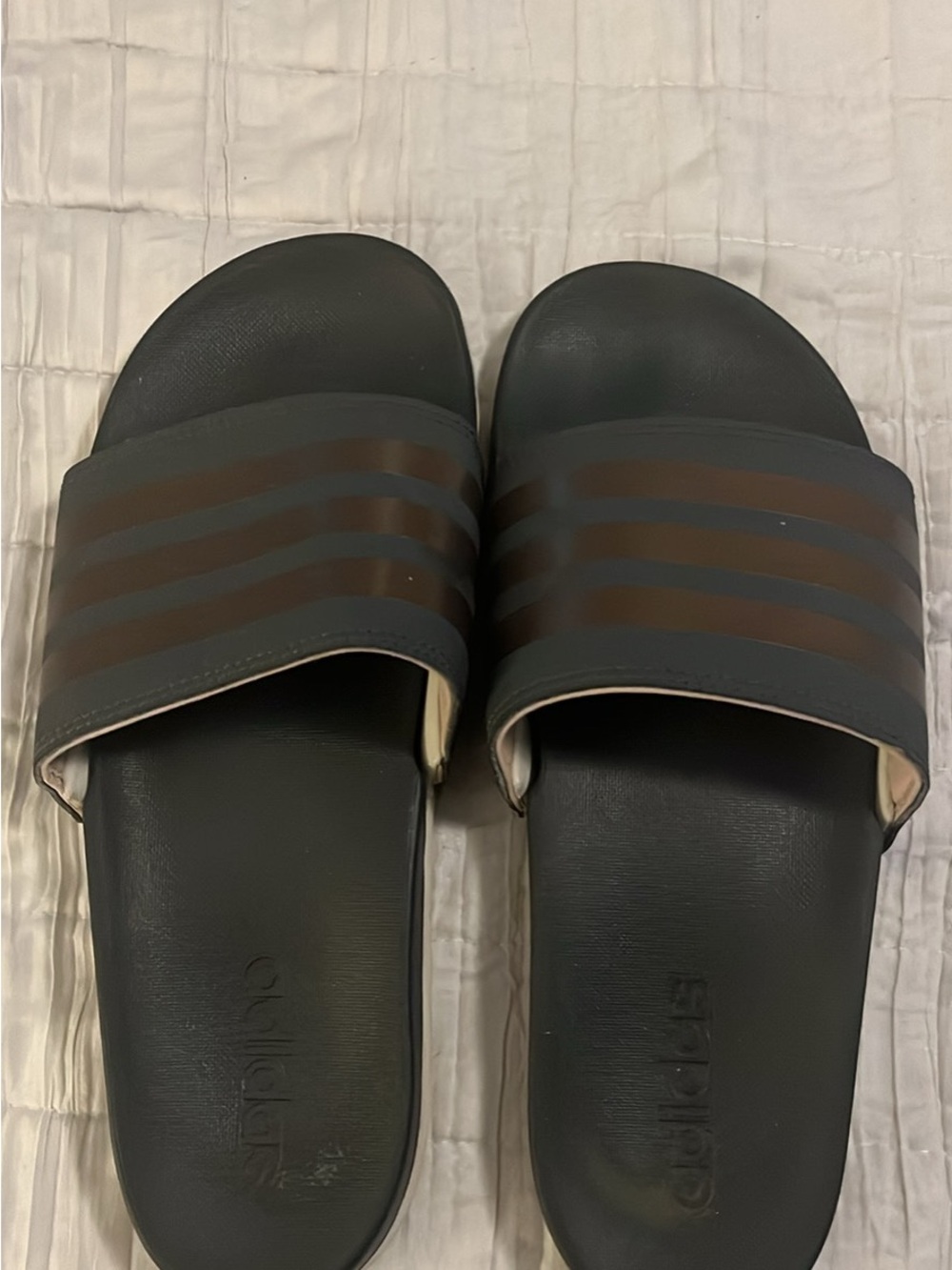 adidas Black Slide Sandals with Brown Stripes